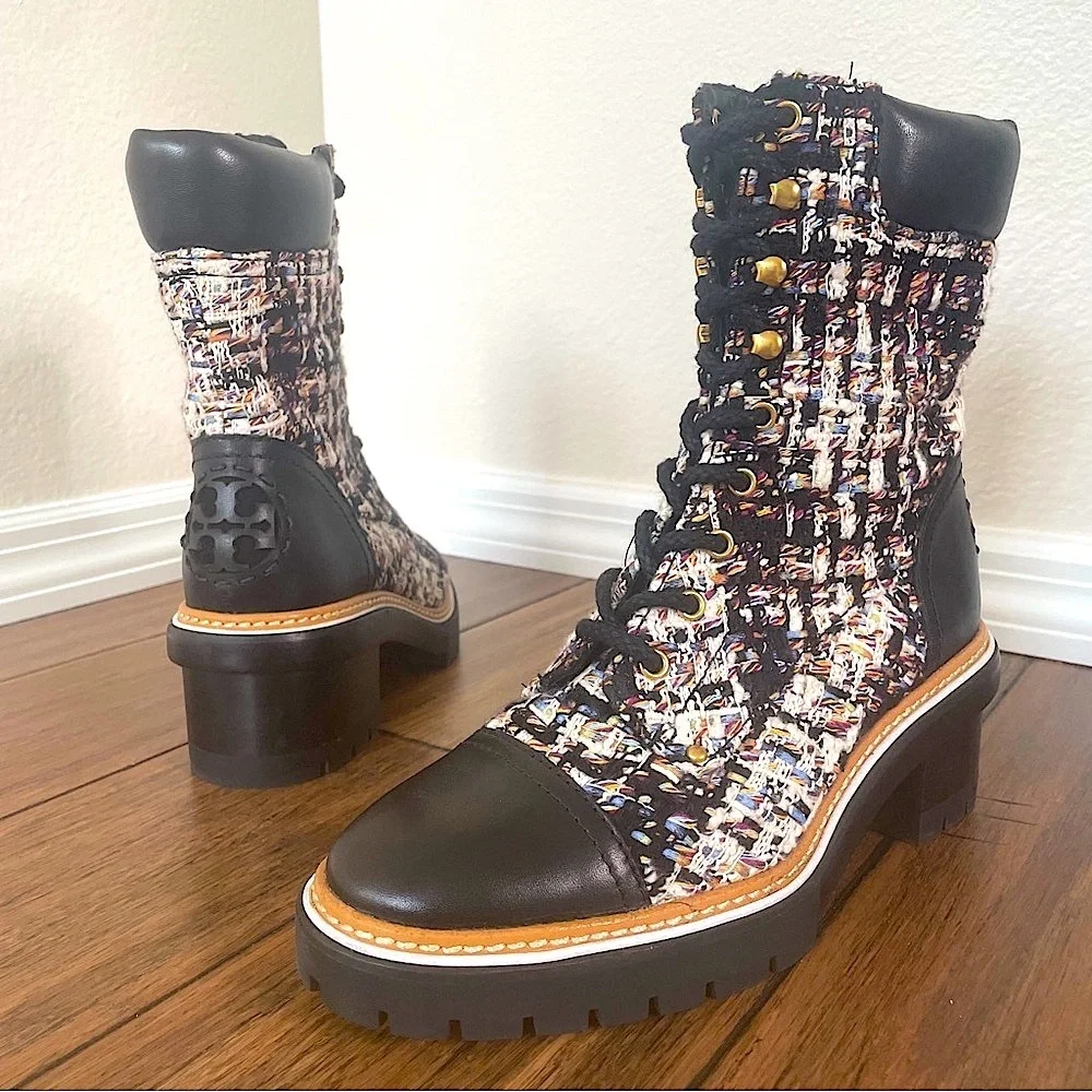 Tory Burch tweed combat boots fall boots winter boots lace up boots black bootie